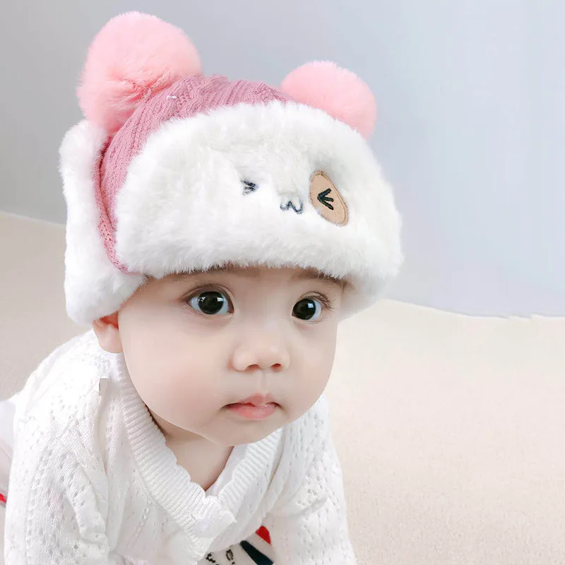 Cute Baby Plush Hat Autumn Winter Warm Cap Infant Boys Girls Bonnet Cartoon Solid Kids Warm Earflap Hat Toddler Accessories