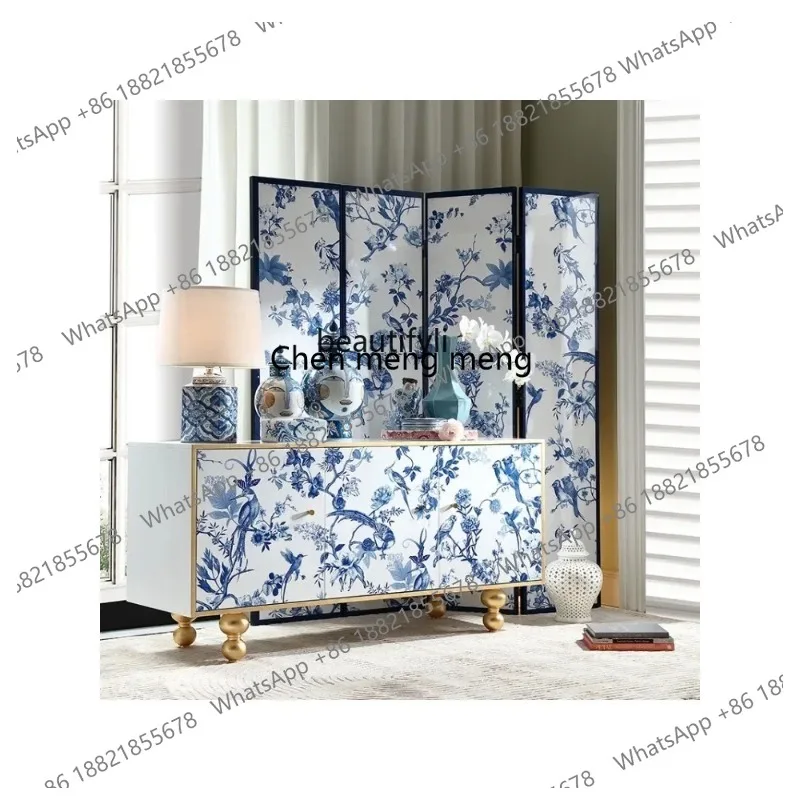 

French dining side entrance cabinet Chinese blue and white porcelain screen decoration home solid wood storage medieval cabinet