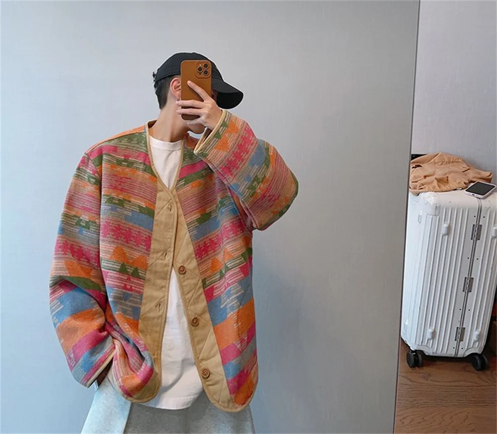 

Autumn vintage loose ethnic style contrast color tweed V-neck button rainbow niche jacket jacket men