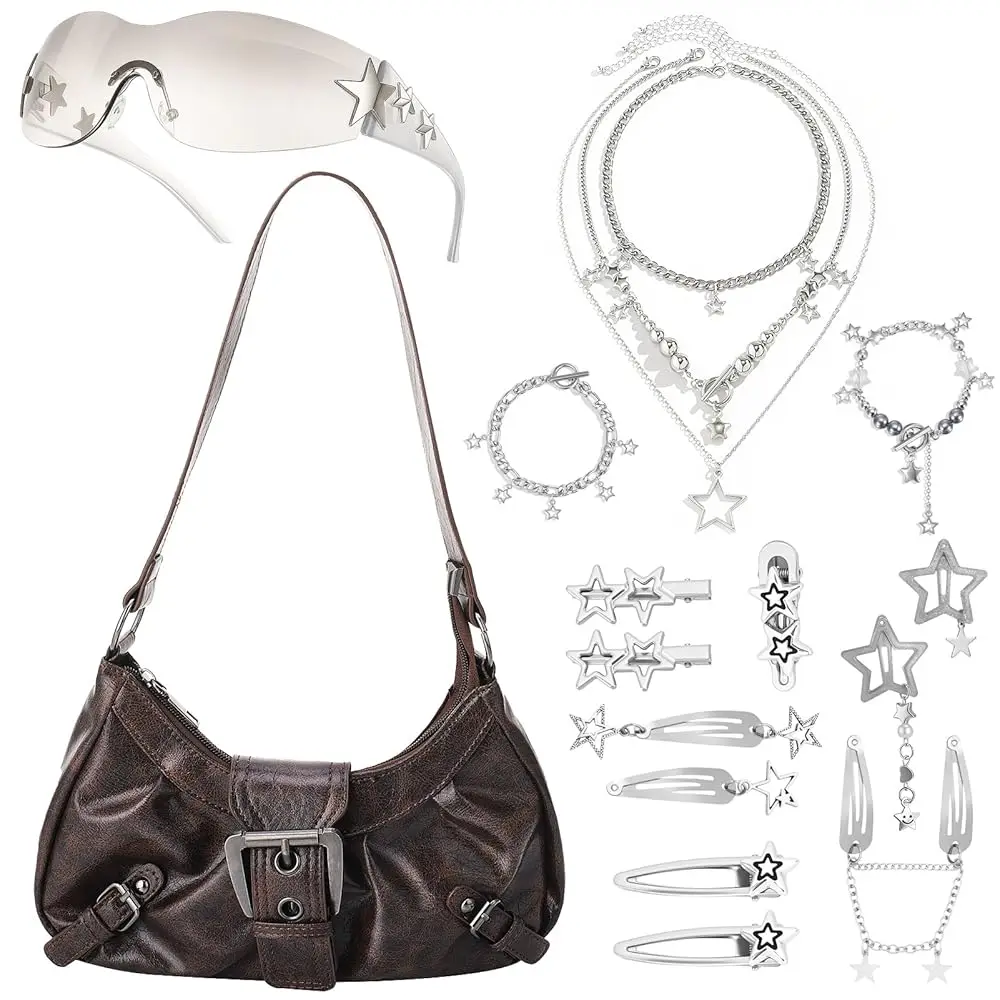 

Women's Y2k Purse Shoulder Bag Vintage Buckle Handbag Goth Punk Hobo Bags Y2k Accessories Set Vintage Jewelry Set for Women