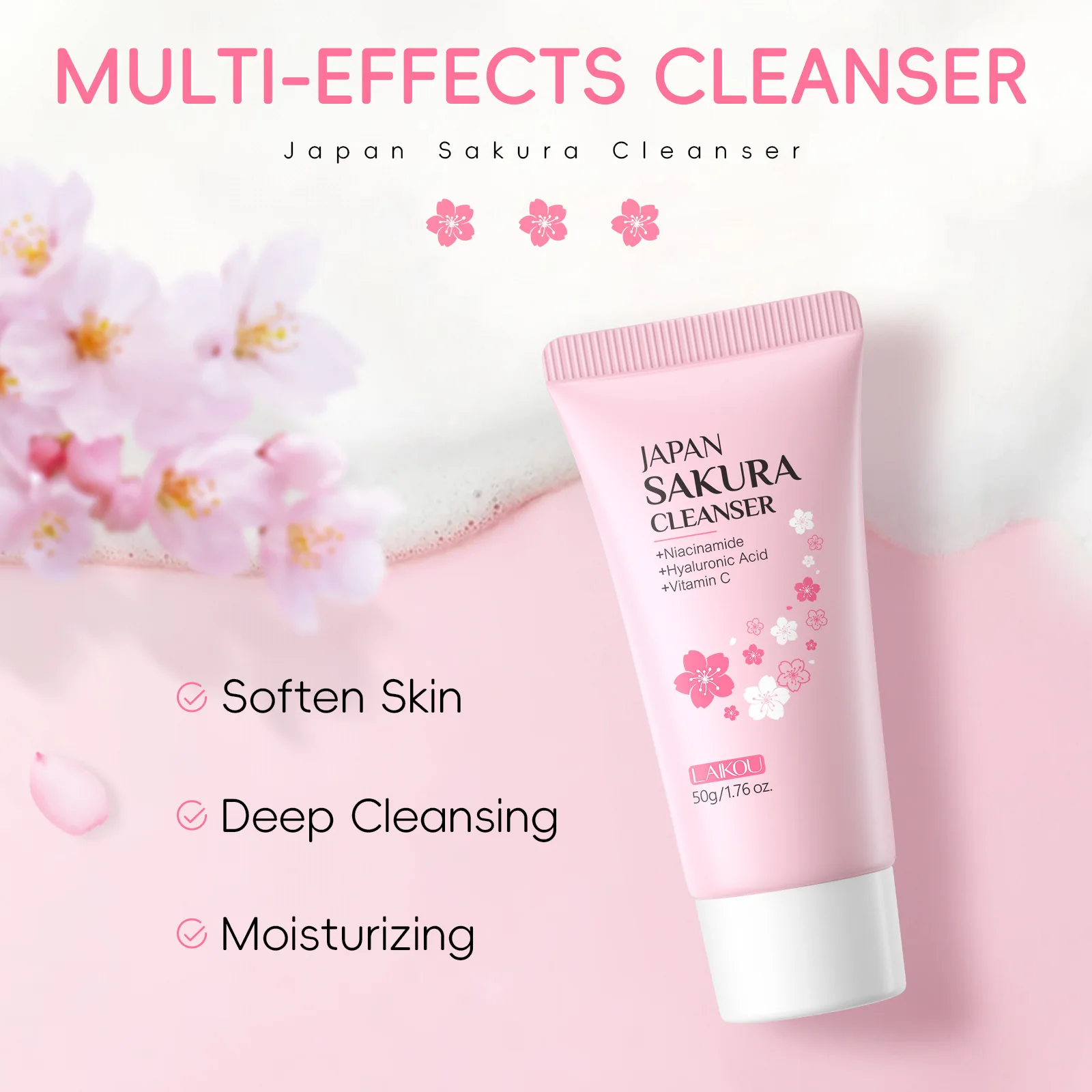 Cherry Blossom Face Wash Day Moisturizing Gentle Foaming Sakura Facial Cleanser Oil Control Pore Minimizing Brightening 50g