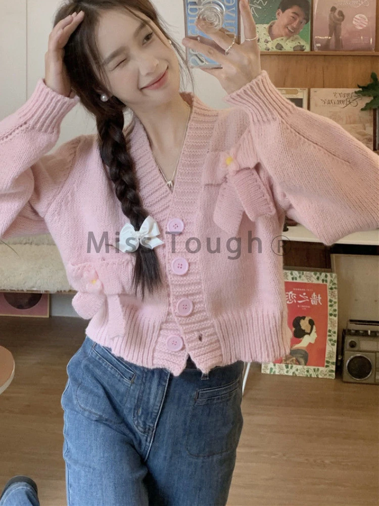 Kniited Japanese Kawaii Loose Cardigan Women Sweet Party Bow Elegant Tops Female Korean Designer Long Sleeve Solid Clothing 2023