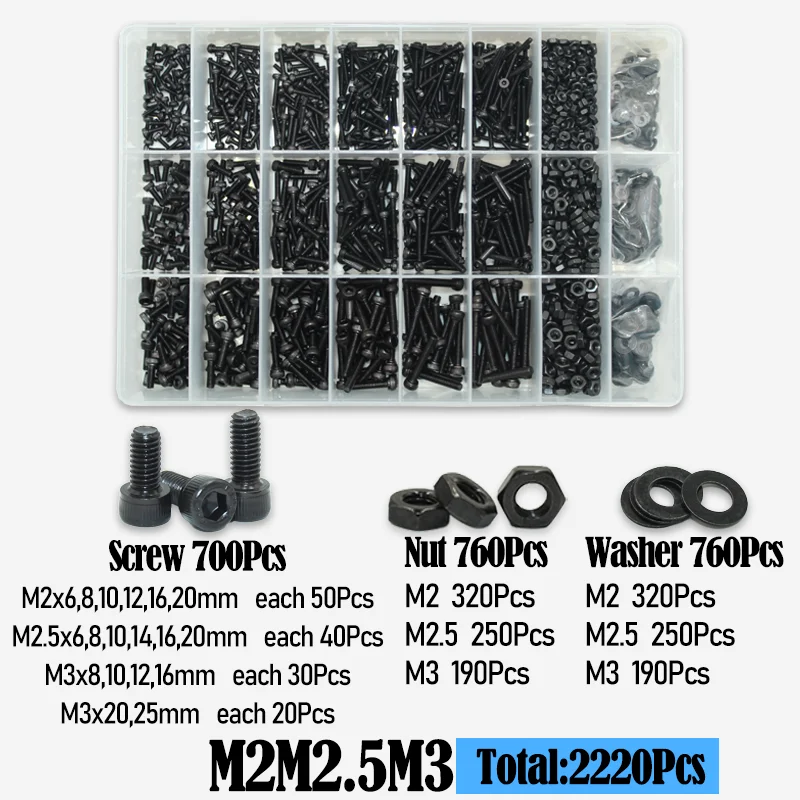2500p schwarzer Stahl-Innensechskant-Rundkopfschrauben-Set M2 M3 M4 M5 M6 Güteklasse 12.9 DIN912 Inbus-Schrauben Muttern Unterlegscheiben-Sortiment-Set – Detail 7