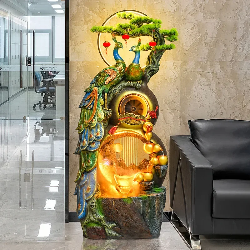 Peacock circulation water curtain wall floor to attract wealth, living room entrance decoration water generation wealth opening