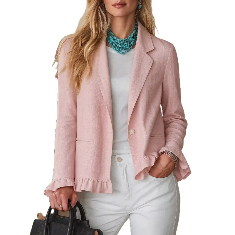 Women Lapel Ruffle Hem Blazer Jacket Long Sleeve Open Front Casual Cardigan Coat For Autumn European American