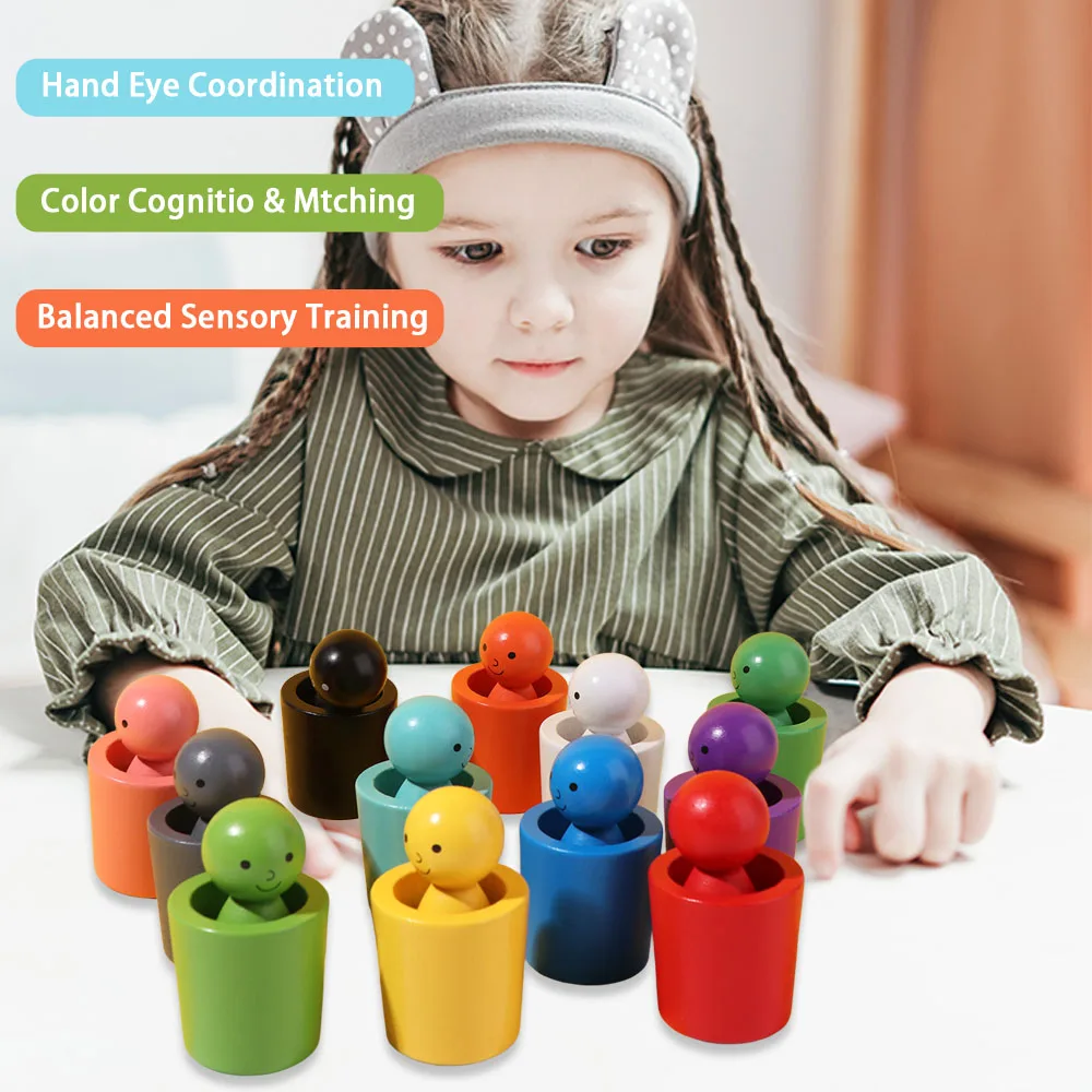 Rainbow Ball Children Color Sorting Cup Montessori Early Educational Color Sorting Games Cognitive Training Wooden