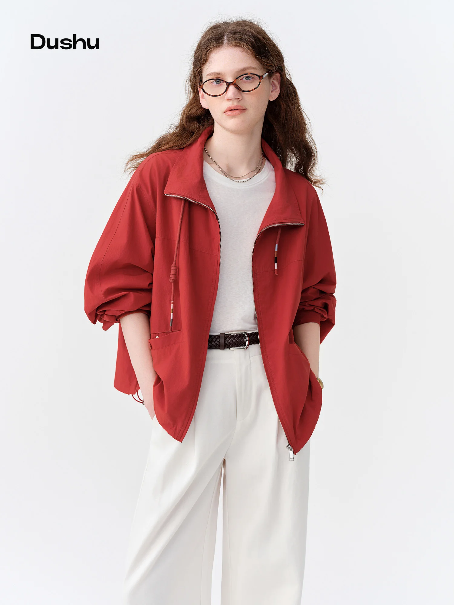 DUSHU Retro-style Stand-up Collar Short Jacket Autumn Drawstring Short Coat Floral Print Commuting H-Shape Casual Jacket Pockets