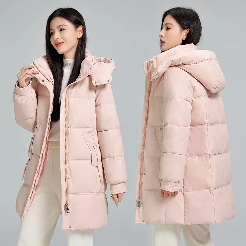 

Parkas Jacket Women Winter Cotton Coat Warm Hooded Pockets Zipper Puffer Outerwear Thicken Windproof Overcoat Office Lady