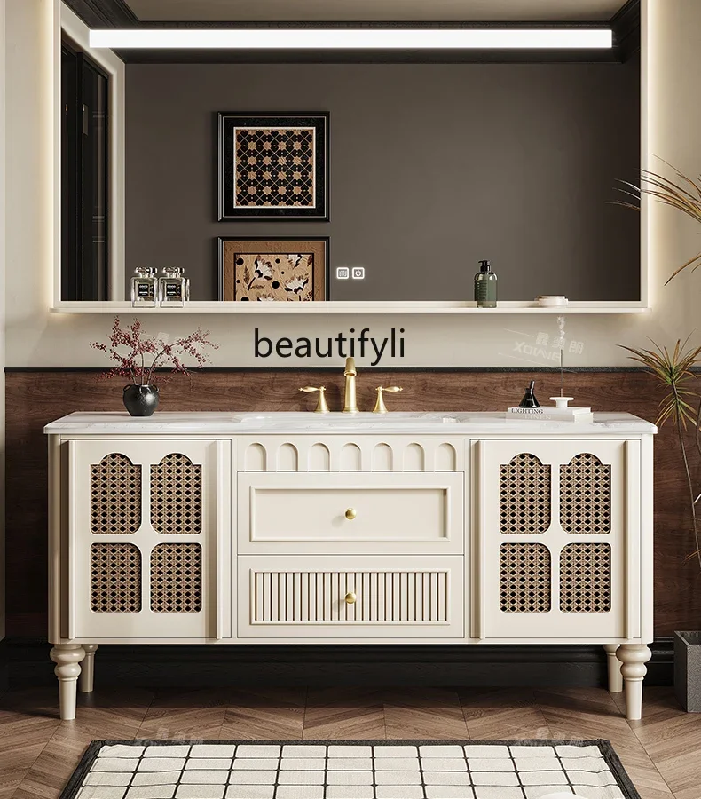 

Oak French Style Bathroom Cabinet Combination Bathroom Luxury Stone Washstand Floor-Standing Wash Basin Cabinet