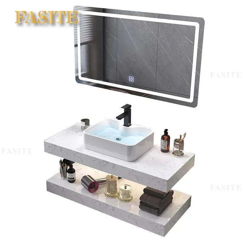 For Double Basin Wall Mounted Marble Washstand Bathroom Vanity Cabinet Hotel Public Toilet Counter Top Sink Combo Modern