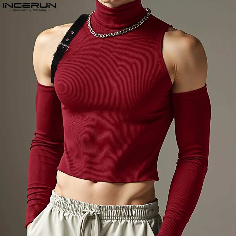 

INCERUN Men Tank Tops Knitted Patchwork Turtleneck Sleeveless With Sleeve Casual Male Vests Streetwear 2025 Fashion Crop Tops