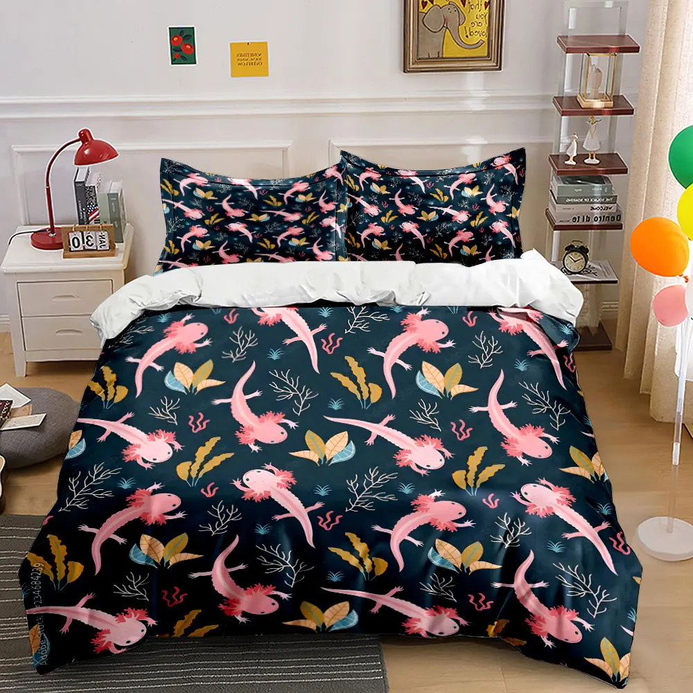 Pink Axolotls with Water Plants Pattern Print Bedding Set 1 Duvet Cover 2 Pillowcases for Adult and Children Luxury Gift