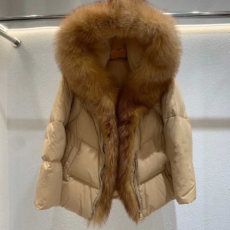 Luxury Female Fox Large Fur Collar Duck Down Coat Down Jacket Winter Short Outerwear Fur High-end Brand New Faux Fur Coat