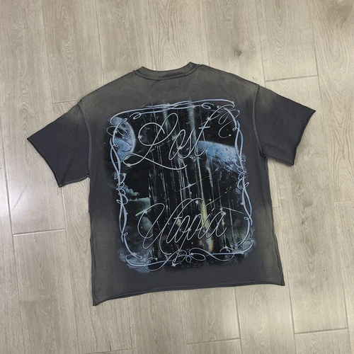 Imagen 2 del producto Camiseta recortada con diamantes lavados Vintage para hombre, ropa de calle, cuello redondo, manga corta, holgada, de algodón, con diamantes de imitación, de gran tamaño