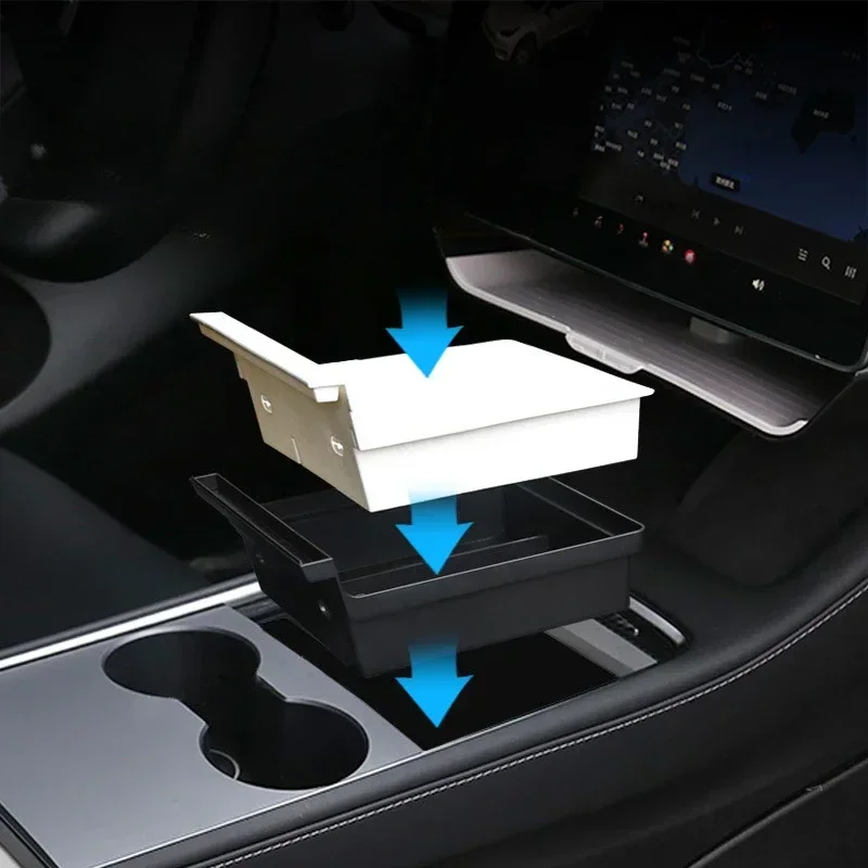 For Tesla Model 3 Y White Storage Box Car Double Layered Dashboard Screen Armrest Central Control Boxes Car Interior Accessories