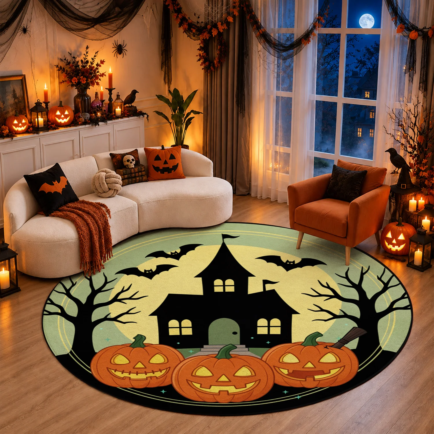 Halloween Haunted House Jack O Lantern Bat Pattern Round Velvet Rug Machine Washable for Living Room Bedroom Entryway Dining Room Halloween Thanksgiving Black Friday Christmas New Year