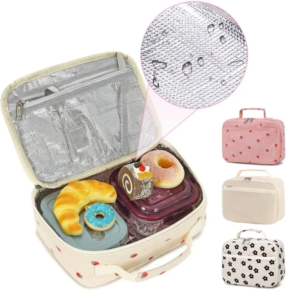 Reusable Corduroy Lunch Box Leakproof Strawberry Insulated Lunch Bag Beige Large Capacity Snack Bag Women Men