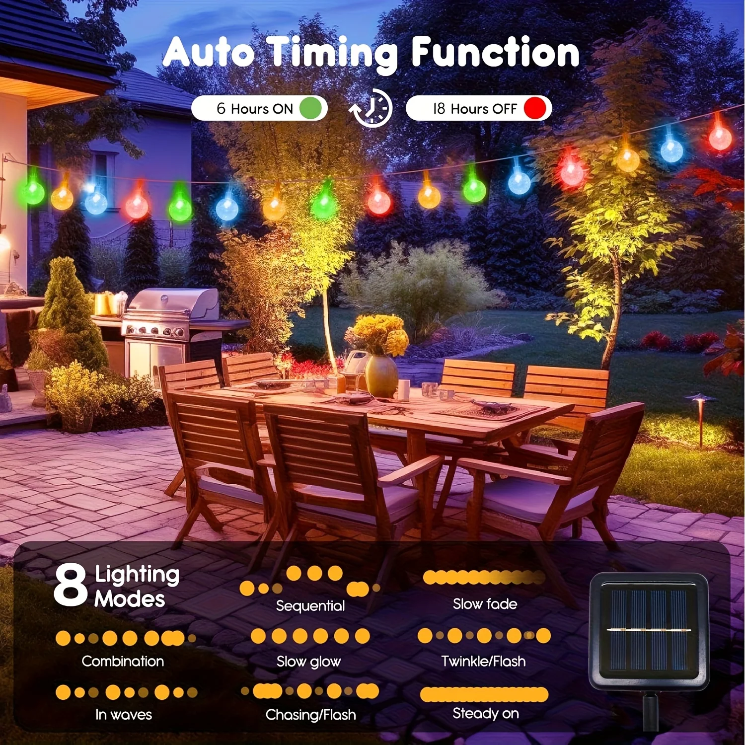 Guirnalda de luces LED solares con bola de cristal para exteriores, resistente al agua, con 8 modos de iluminación, lámpara de hadas para jardín, boda, fiesta, decoración navideña