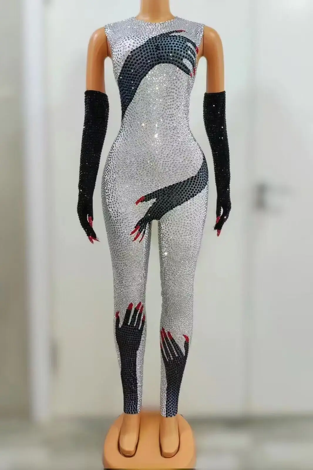 Mono brillante con lentejuelas para mujer, mono con guantes negros, diseño Sexy, disfraz de Drag Queen, bailarina, cantante, ropa de escenario, actuación Heishou