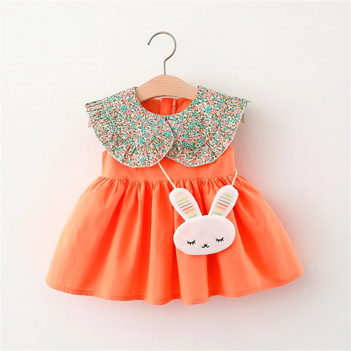 Summer Baby Girl\'s Dress New Floral Doll Collar Splice Sleeveless Daily Dress with Rabbit Bag