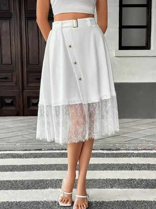 

Summer 2025 Solid Color Elegant High Waist Lace Splicing A-Line Skirt Solid Color Slimming Lace Skirt Elegant Half Body Skirt