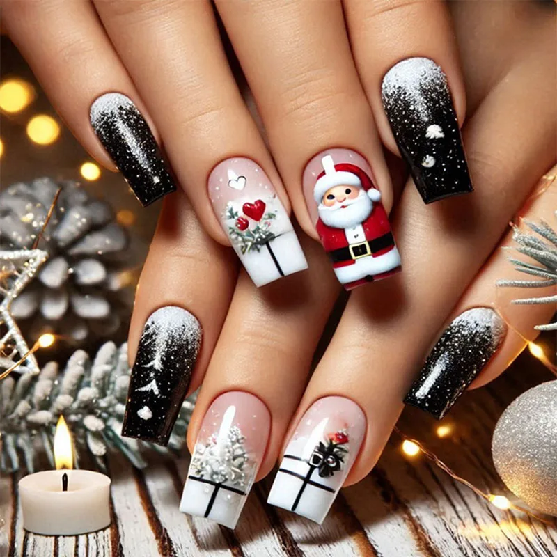 

24Pcs Long Square Press on Nails - Black to White Ombre Glitter with Santa Claus, Gift Boxes | Christmas Party Design