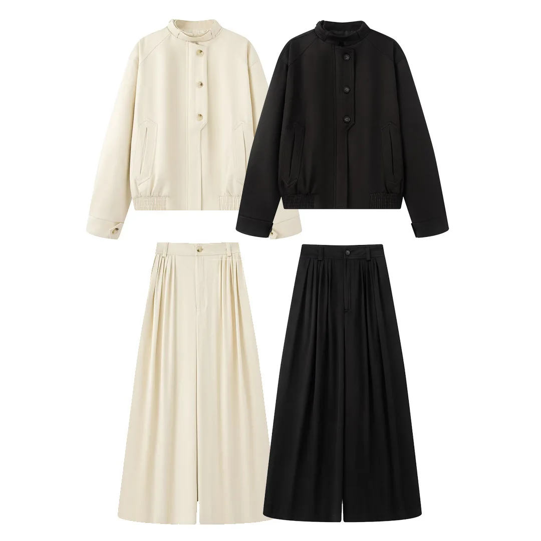 

Casual Solid Stand Neck Jacket Suits Fashion Long Sleeve Single Breasted Loose Wide Leg Pants Set 2025 Autumn Lady Office Outfit