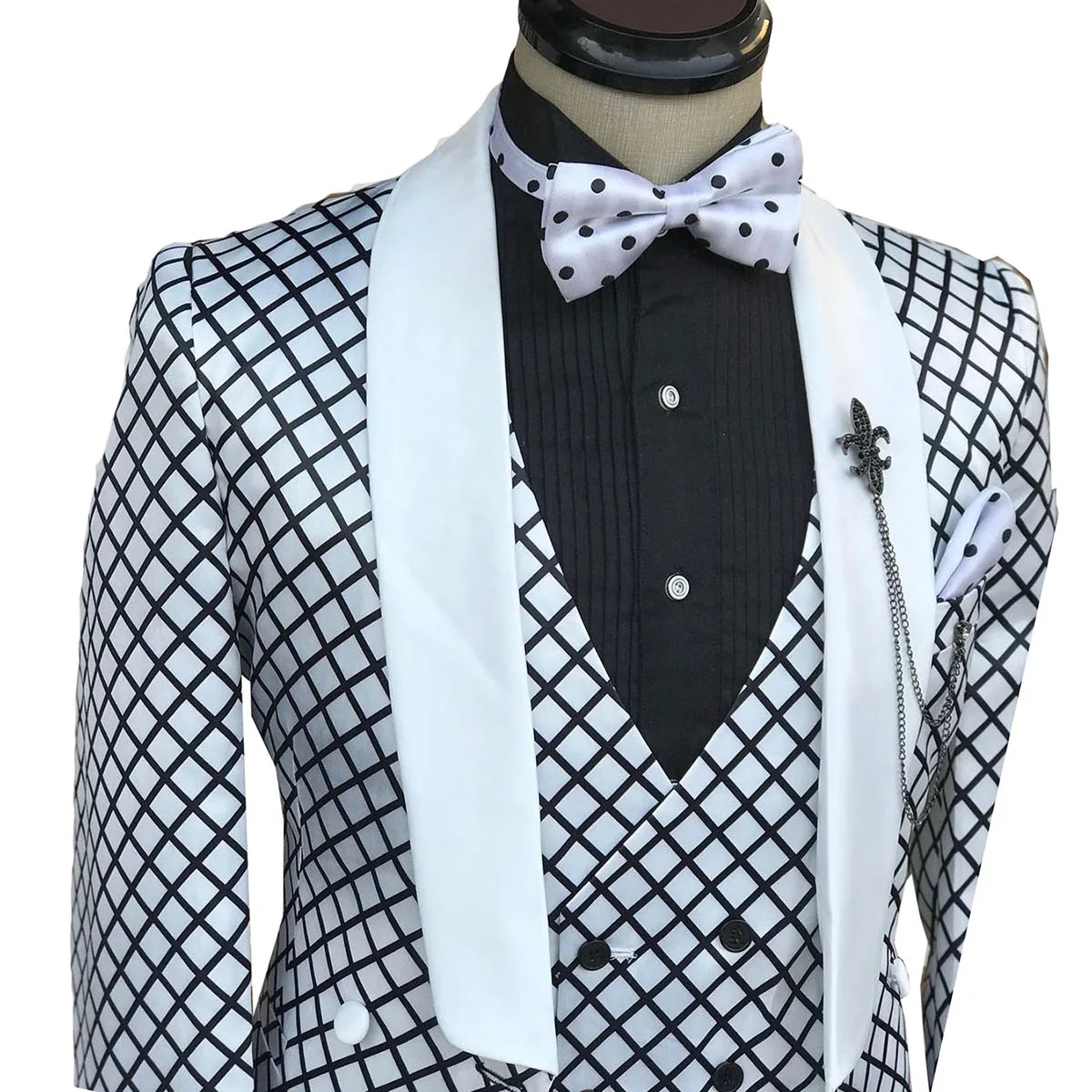 Conjunto de trajes a cuadros blancos y negros para hombre, traje ajustado de 3 piezas, chal de botonadura única, trajes de solapa, esmoquin de boda, pantalones negros