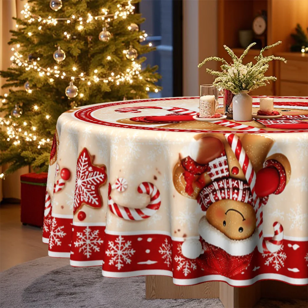 1 tablecloth, Christmas theme, cute gingerbread man and holiday element print tablecloth