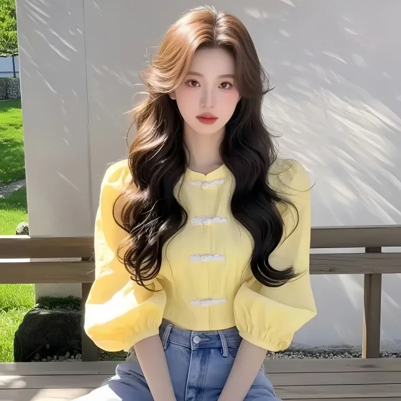 

Chinese Style Women's Blouses Korean Shirts Fashion Loose Spring / Summer Vintage Clothing Solid Color Short Sleeve Women Tops