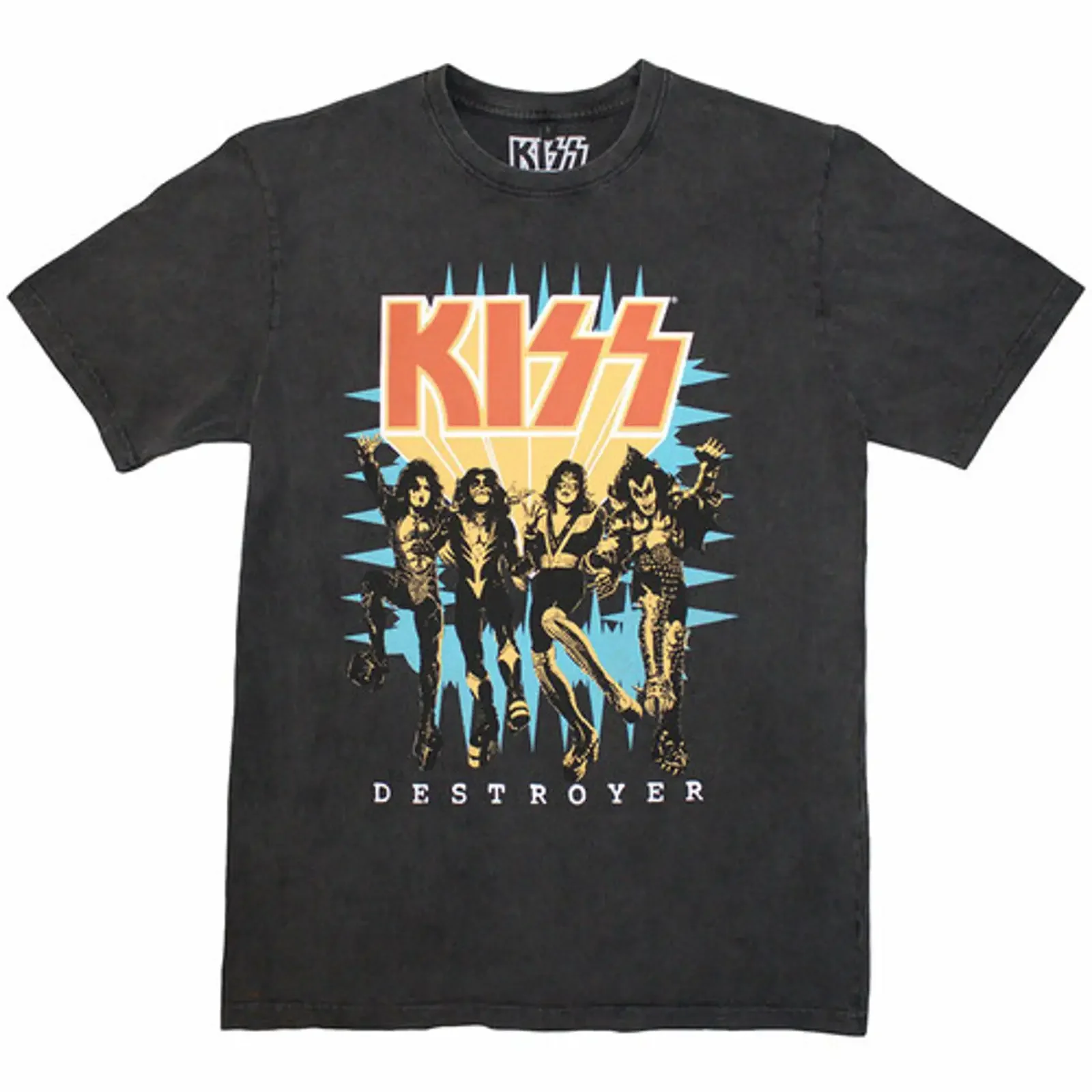 Camiseta KISS Stone Wash Destroyer con Logotipo 3D en Gris Carbón, Estilo Vintage Lavado, Transpirable, Unisex, Streetwear con Diseño Gráfico