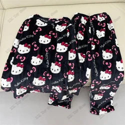 Sanrio Hello Kitty Flannel Pajamas Set Warm Woolen Casual Home Pants Jacket Fall Winter Thermal Underwear Loungewear Girl Gifts