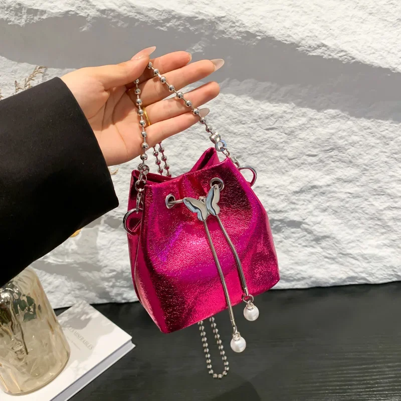 Korean Silver Pink PU Bucket Bag 2024 Summer Fashion Silver Color Beaded Chain Shoulder Bag Crossbody For Women Party handbags