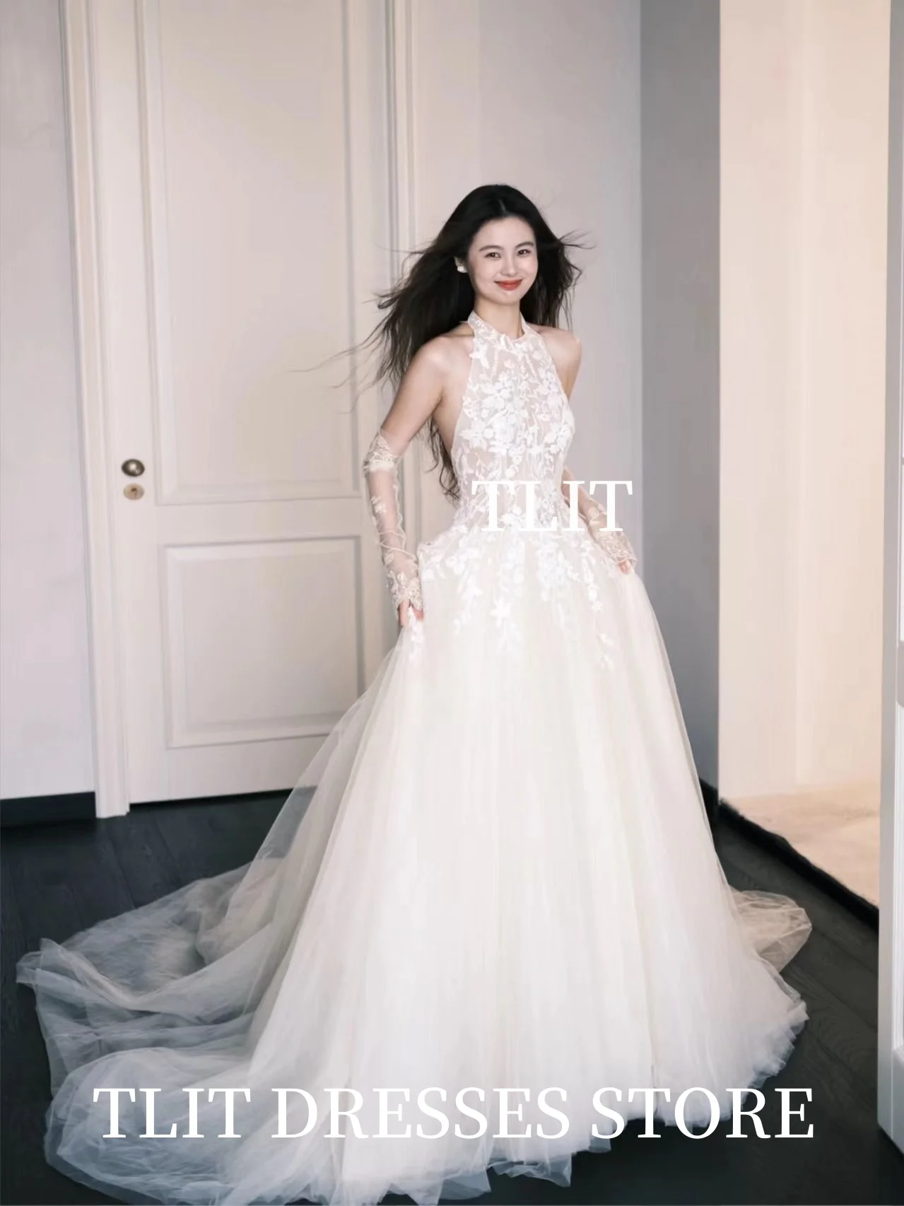 TLIT 2025 فستان زفاف أنيق من الدانتيل العاجي رسن تول بدون أكمام زي العرائس فستان زفاف كوري لالتقاط الصور حسب الطلب