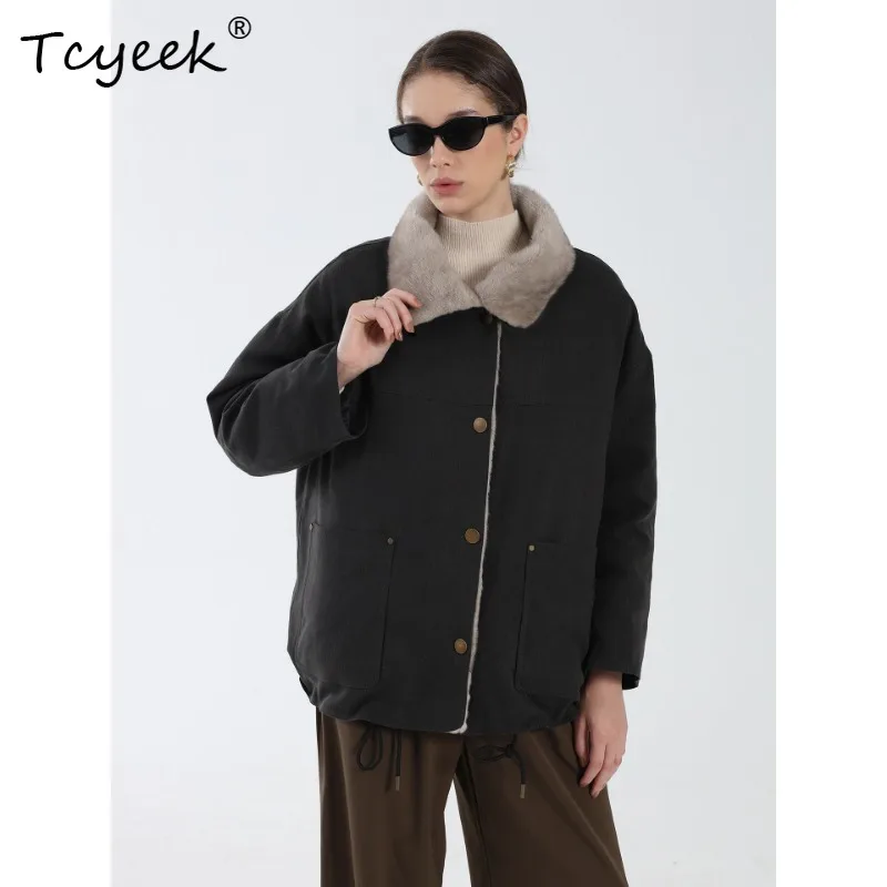 Tcyeek Whole Mink Fur Collar Detachable Parka Women 95% White Goose Down Coat Fashion Womens Coats Winter Clothes Short 2026
