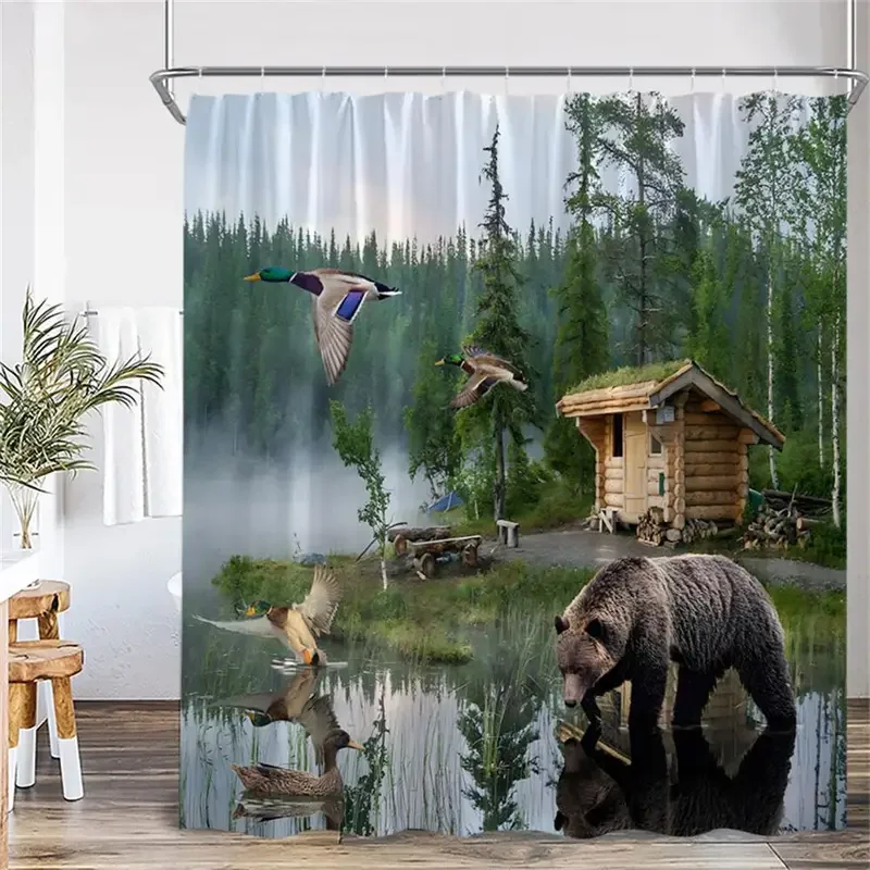 Autumn Rustic Landscape Shower Curtains Cabin Forest Lake Moose Bear Wild Animals Bath Curtain Home Bathroom Decor with Hooks