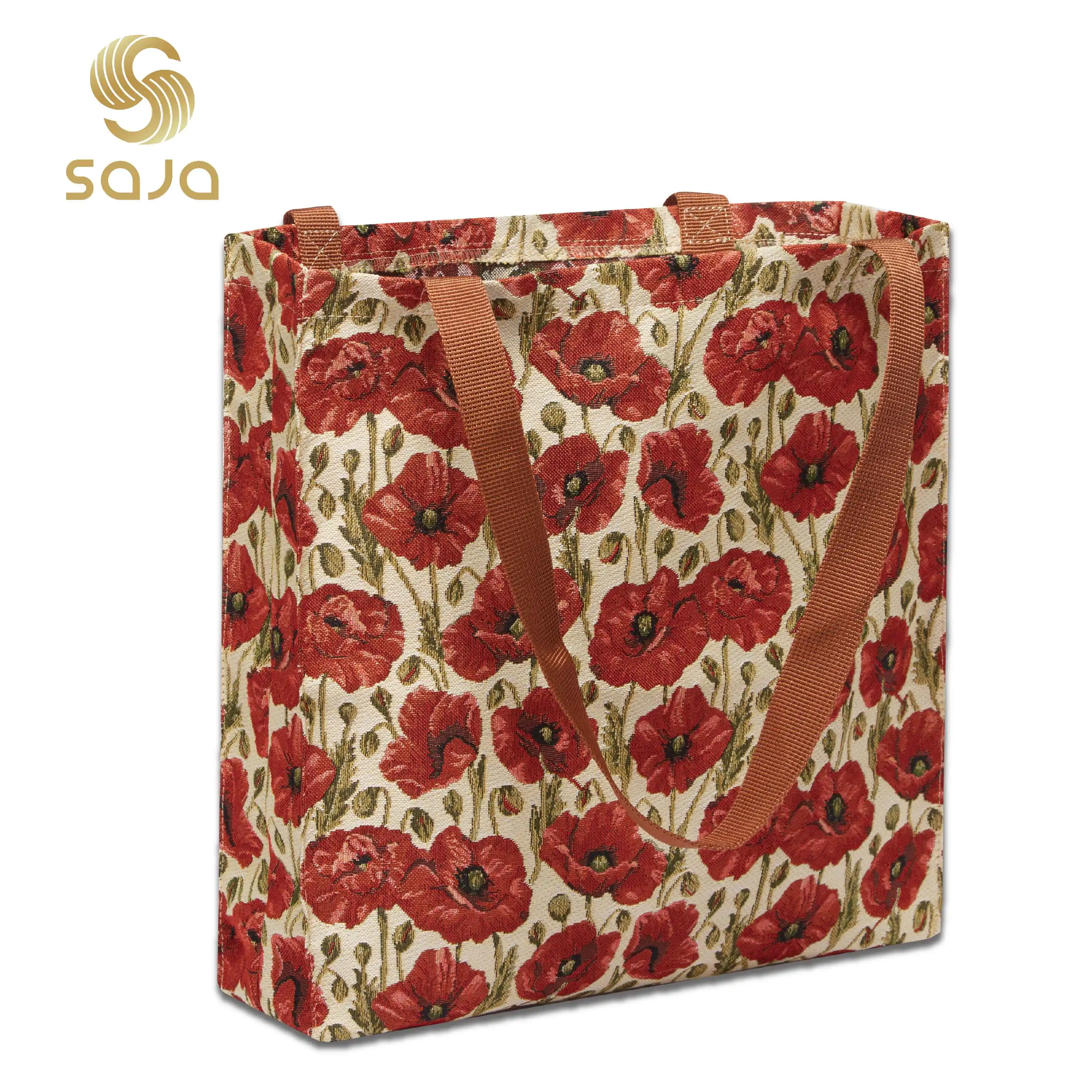 Bolsa de compras plegable Saja bolso de gran capacidad bolso de mujer bolso de hombro rojo amapola patrón bolsa de compras de playa de barbacoa