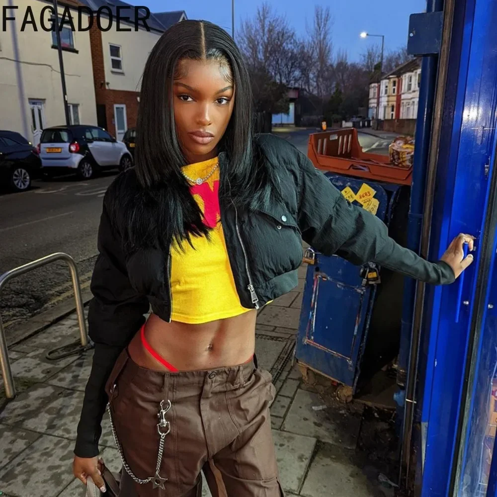 FAGADOER Winter New Sweet Puffy Jacket Women Solid Color Zipper Crop Top Jacket Patchwork Puffer Fashion Streetwear Coats 2025