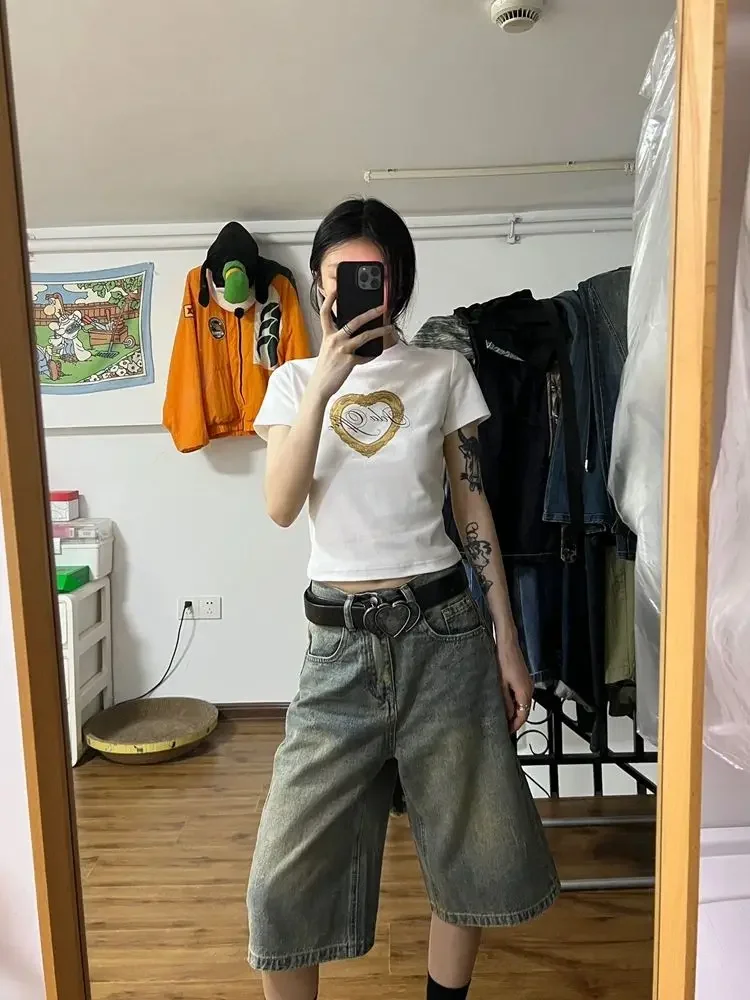 HOUZHOU Y2k Vintage Baggy Jeans Shorts Woman's Oversized Korean Fashion Jorts Harajuku Japanese 2000s Style Denim Pants Summer