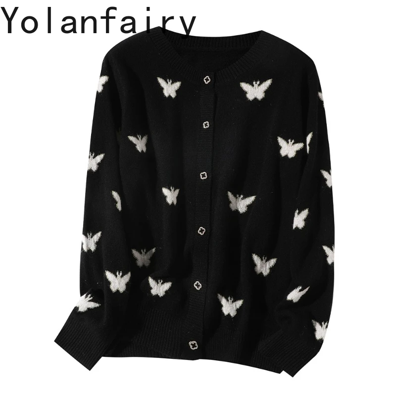 

YOLANFAIRY 89% Wool 11% Cashmere Cardigans Woman Autumn Korean Fashion Black Sweater Long Sleeve Tops Butterfly Cardigan Damen