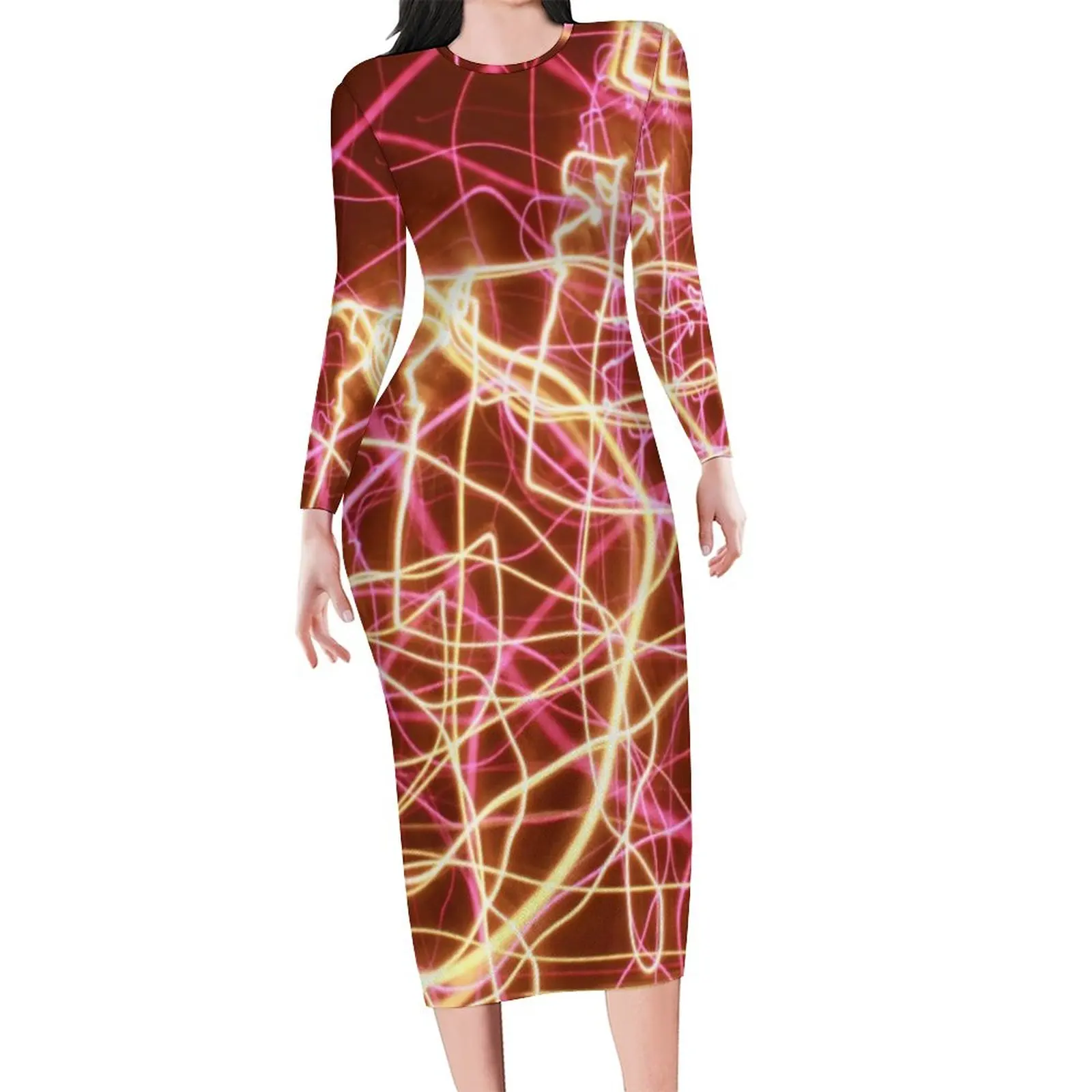 

Fluorescent Lines Dress Long Sleeve Abstract Print Aesthetic Dresses Autumn Club Bodycon Dress Woman Graphic Big Size Clothing