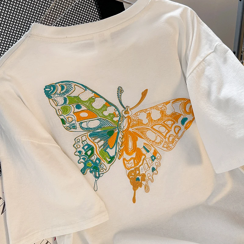 Art Butterfly Embroidery Plus Size Cotton Women T-shirt Y2k Harajuku Streetwear Casual Female Tops 2024 New Summer Cool Lady Tee