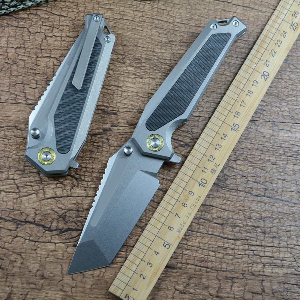 Складной нож TWOSUN TS606 с клинком K110 Stonewashed, быстрое открывание флиппером, рукоять из титана TC4, для охоты и активного отдыха