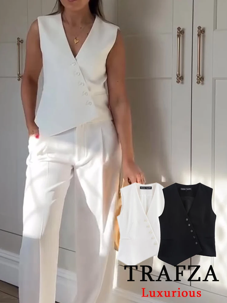 

TRAFZA Chic Casual Women Solid Tops Asymmetric V-Neck Single Breasted Pockects Sleeveless Vest Fashion 2025 Spring Summer Tops