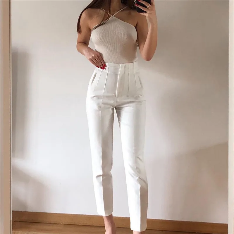 TRAF Women\'s Pants Beige Pencil High Waist Pants For Women Office Casual Elegant Woman Trousers Fashion Streetwear Summer Pants