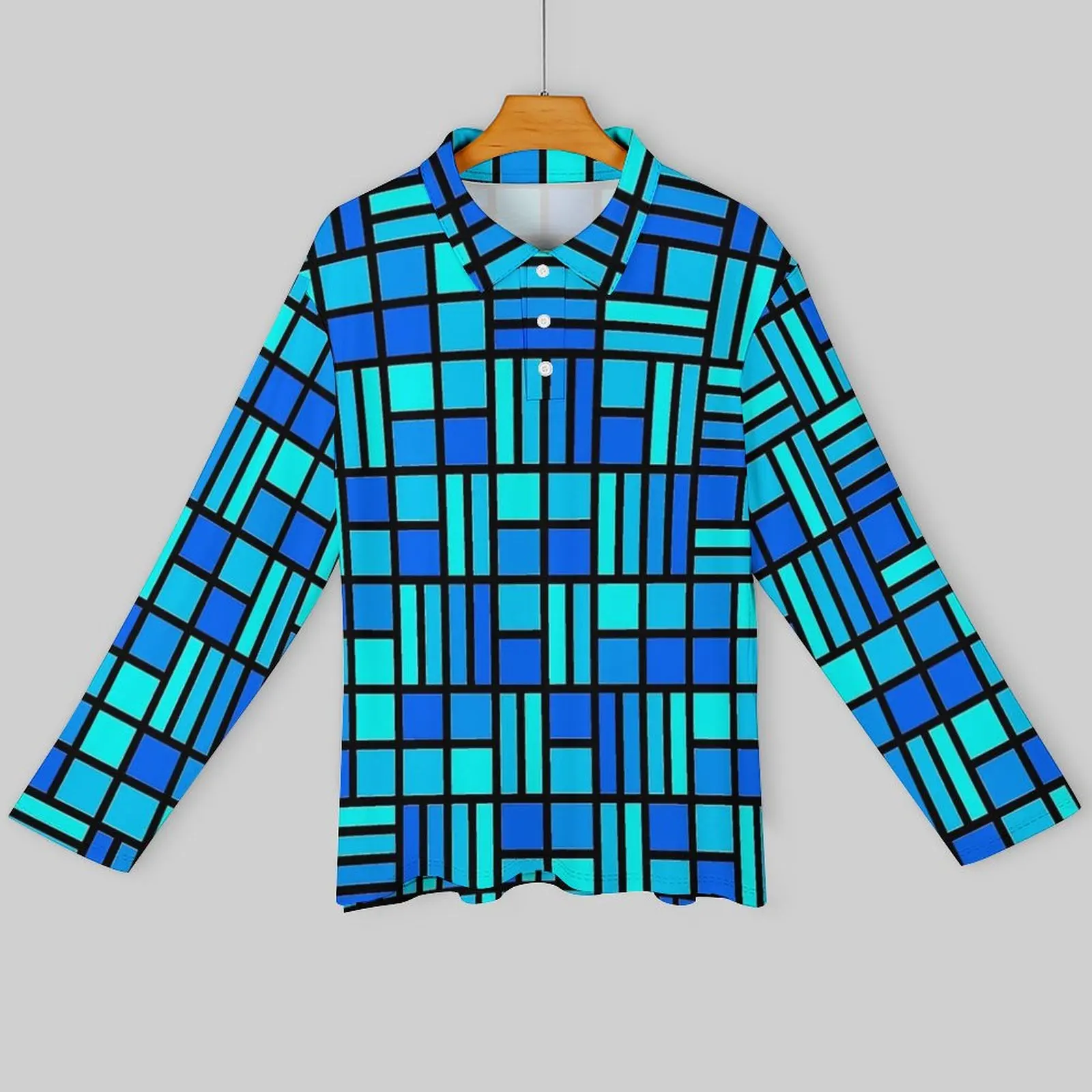 Blue Mondrian Stained Glass Print Casual T-Shirts  Polo Shirts Man Y2K Shirt Autumn Long Sleeve Design Clothing 4XL 5XL 6XL