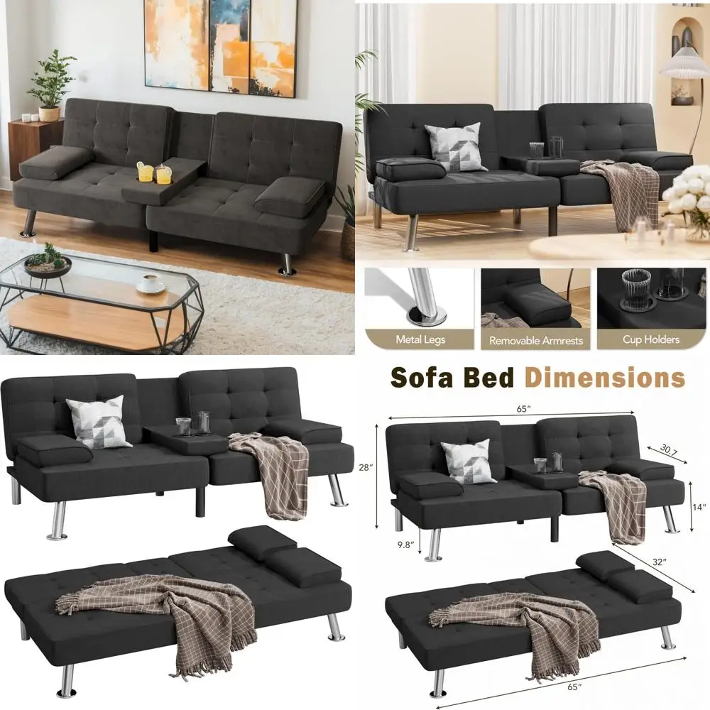 Modern Linen Upholstered Folding Futon Sofa Bed with Removable Armrests, Metal Legs, and 2 Cup Holders