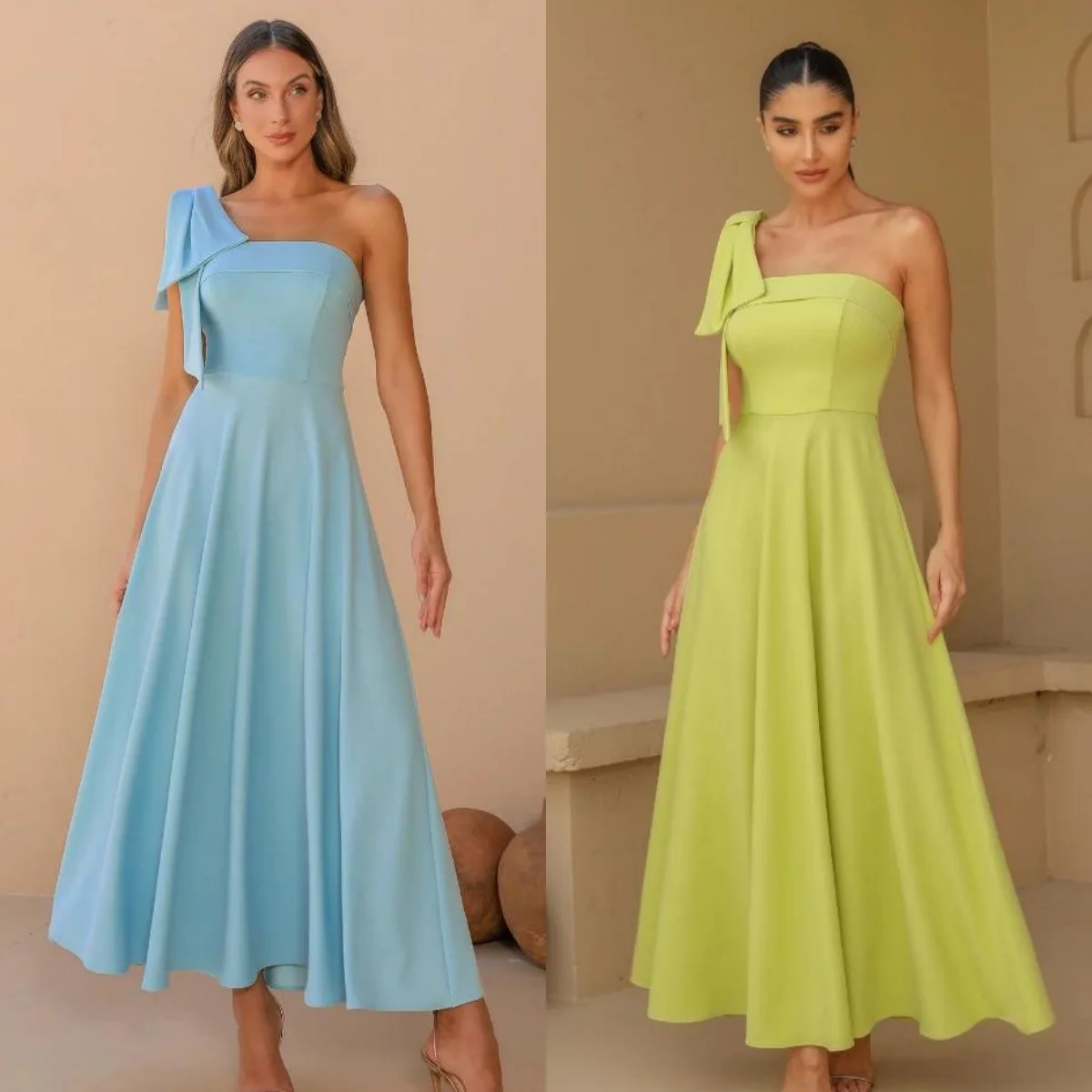 Satin One-Shoulder A-line Bridesmaid Dresses With Bow For Wedding Party Elegant Plain Ankle-Length Ruffles Backless Evening Gown