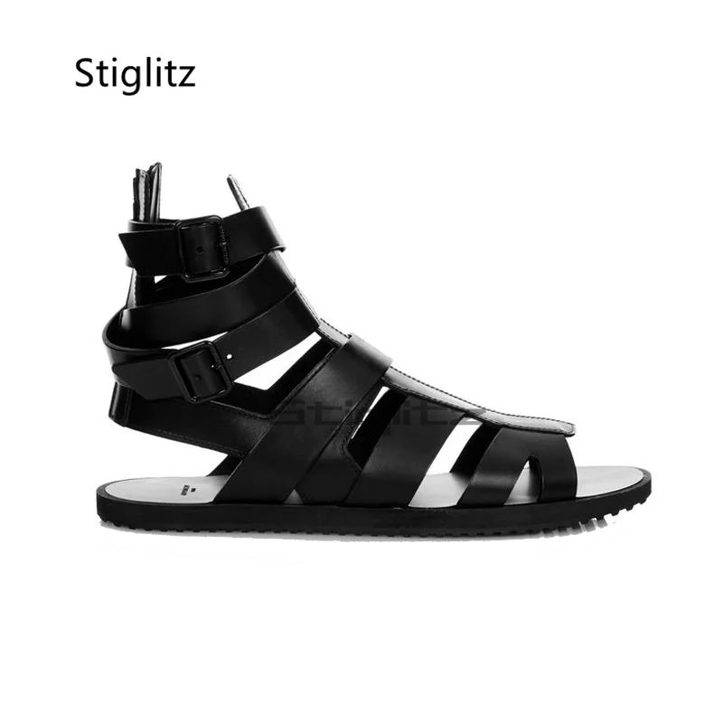 Ankle Buckle Strap Hollow Men's Sandals High Top Flats Sandals Summer Black Genuine Leather Boots Cowhide Roman Male Shoes