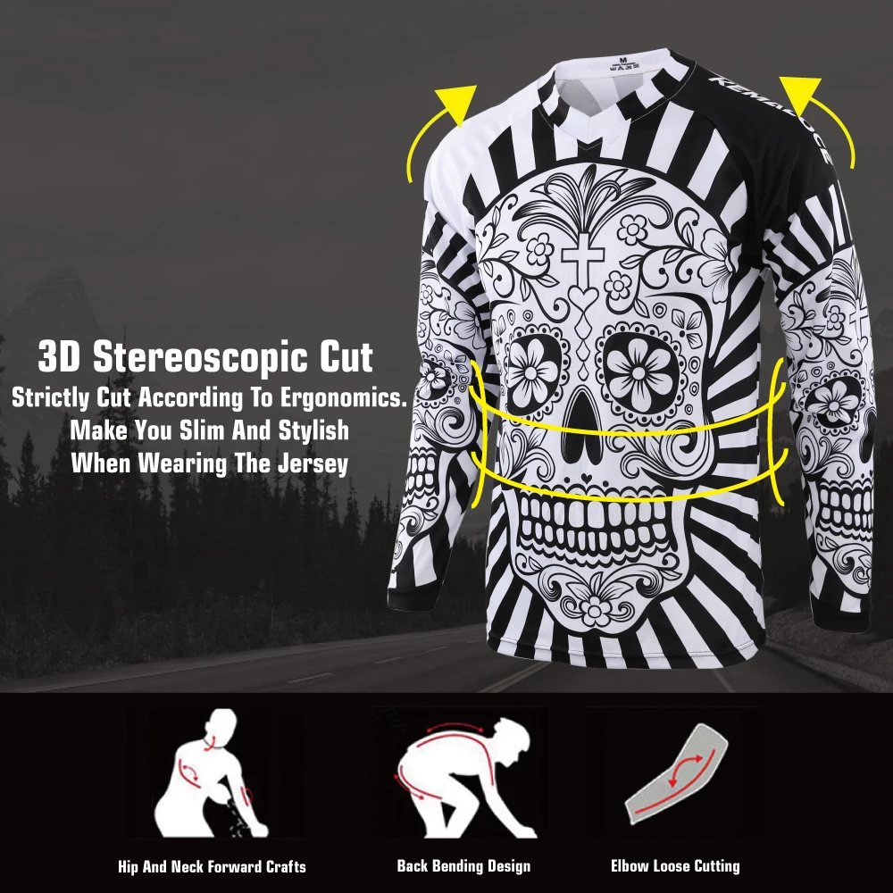 KEMALOCE MTB Jersey Men Long Sleeves White&Black 2024 Motocross Jersey Summer Breathable Adult Skull Offroad DH Downhill Shirts